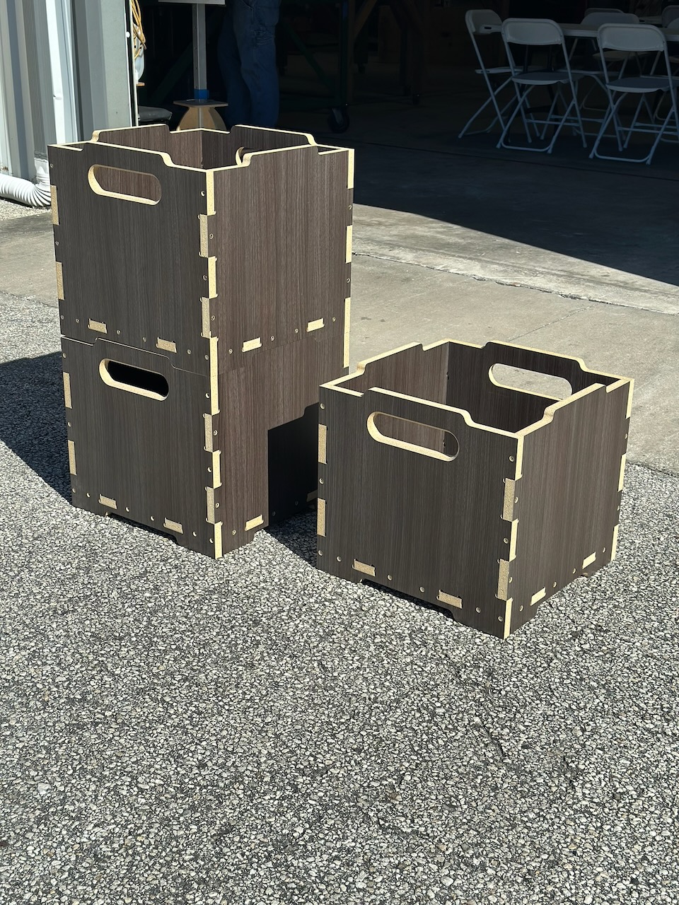 Stack of CNC-cut plywood crates