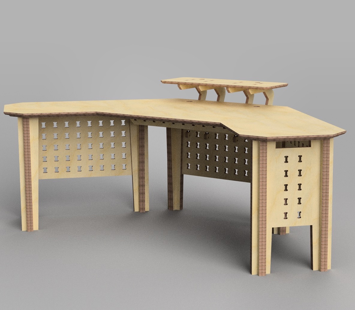 3D render of a custom plywood desk with monitor stand